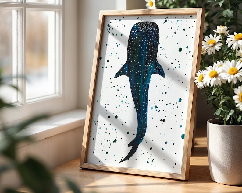 Whale Shark Art Print, Colourful Sea Life Painting, Holiday Home Decor image 1