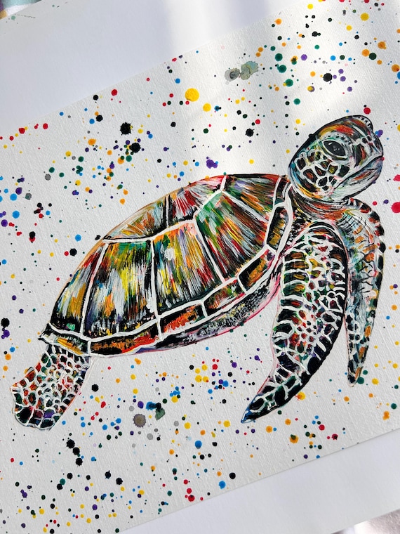 Original Acrylic Sea Turtle Painting, Colourful Sea Life Art, A4 Paper