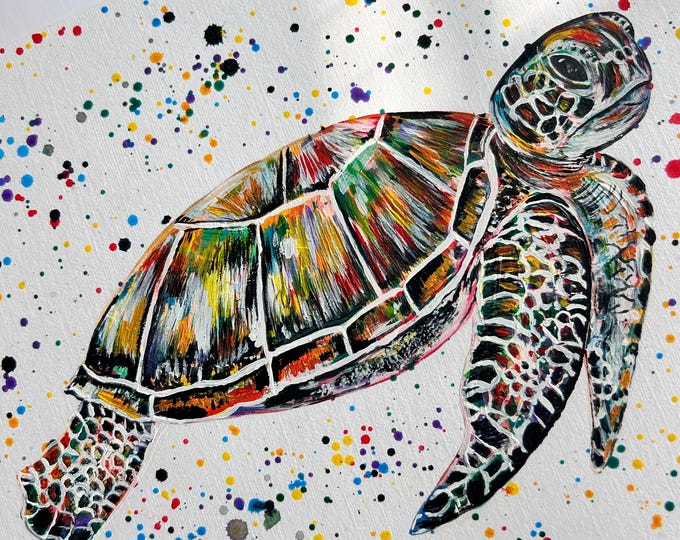 Original Acrylic Sea Turtle Painting, Colourful Sea Life Art, A4 Paper