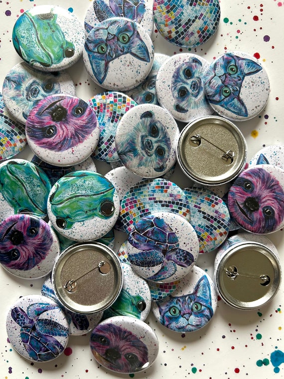 Animal Button Badges: Original Art Pin - Sloth, Frog, Turtle (35mm)
