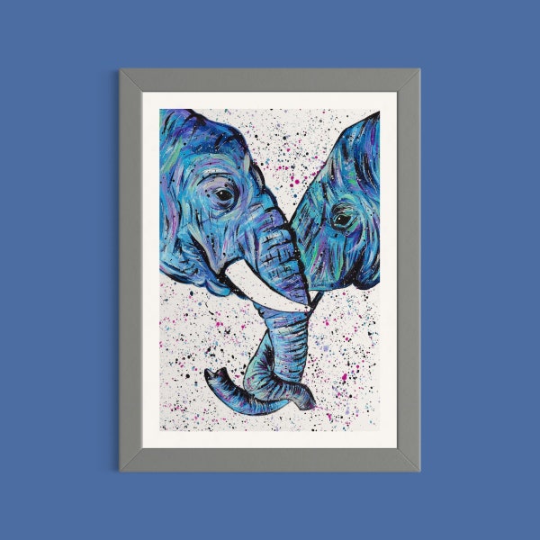 Elephant Couple Art Print, Elephants Painting, Animal Artist, Anniversary Gift, Gift for Partner, Blue Elephant Decor, Gift for Parents,