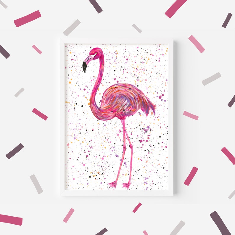 May include: A pink flamingo illustration with a white background and pink, purple, and gold paint splatters.