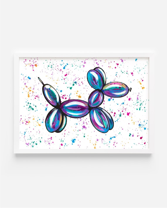 Original Balloon Dog Acrylic Painting, Colorful Splatter Art, A4 Fine Art Paper
