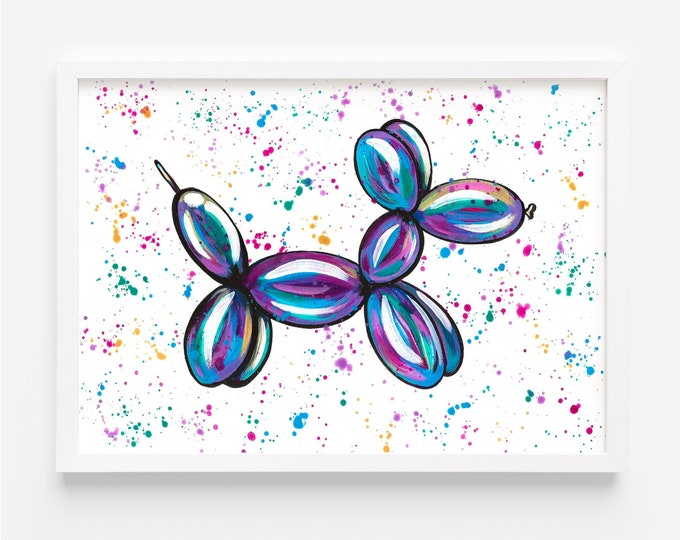 Original Balloon Dog Acrylic Painting, Colorful Splatter Art, A4 Fine Art Paper