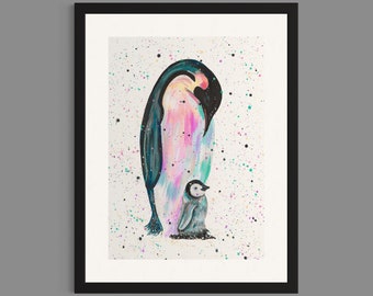 Penguin Art Print ‘Jess & Harper’, Penguin Painting, Nursery Prints, New Baby, Mum and Baby Penguin, Penguin Gifts, Baby Animal Art