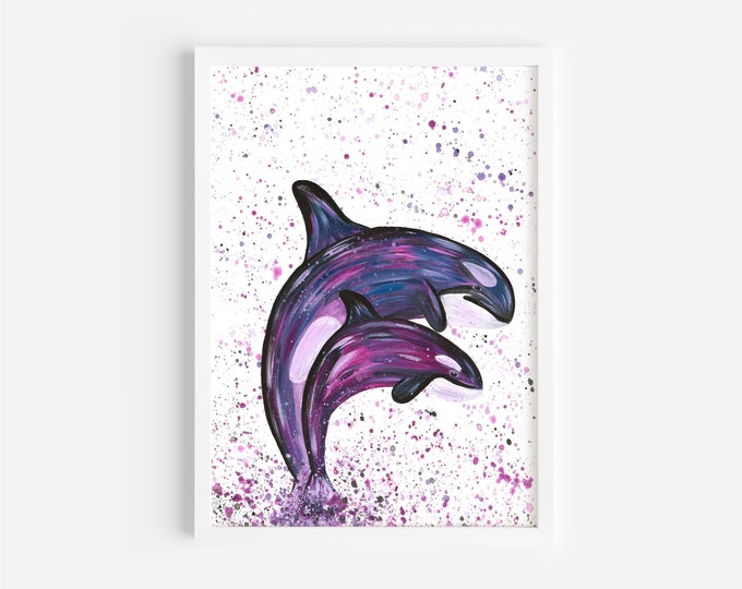 Orca Whales Painting, ‘Olive and Belle’, An Original Acrylic Painting by Emma LC, Sea Life Artwork, Jumping Whales, Home Decor, Mum and Baby