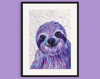 Purple Sloth Art Print, Colourful Animal Artwork, Wildlife Decor (Digital Download)