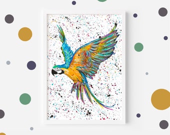 Parrot Art Print ‘Macey’, Macaw Painting, Bird Wall Art, Bright Prints, Childrens Room, Colourful Parrot Art, Animal Artist, Parrot Wall Art