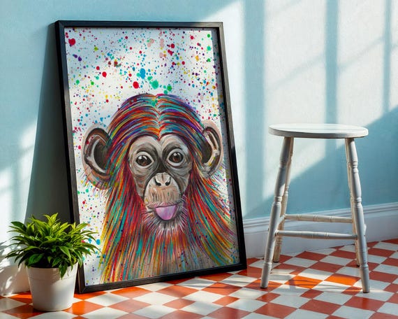 Rainbow Chimp Art Print ‘Oakley’