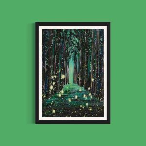 Mystical Forest Art Print: Fireflies in the Woods Painting