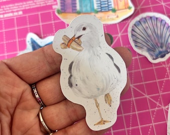 Greedy Seagull Vinyl Sticker: Bird Art Decal for Laptop, Journal
