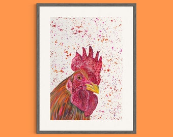 Chicken Art Print ‘Belinda’, Chicken Painting, Funny Wall Art, Quirky Bird Prints, Chicken Gift, Kitchen, Dining Room Colourful Animal Art,