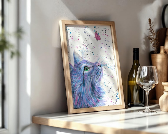 Cat Art Print ‘Delilah’ with a Butterly or Bee (You Choose)