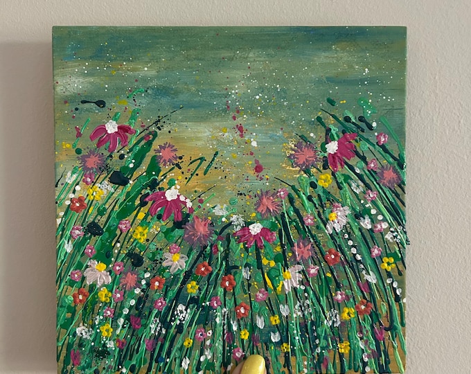 Wildflowers Original Acrylic Painting: Colourful Floral Art, Botanical Wall Decor, Square Canvas Panel Art