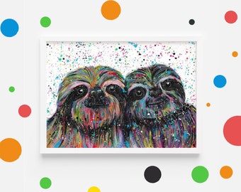 Sloth Art Print ‘Buddies’, Sloth Couple, Sloth Painting, Animal Art, Sloth Gifts, Animal Prints, Funky Animal Art, Gift for Partner