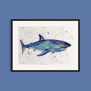 Shark Art Print ‘Jimmy’, Great White Shark Painting, Shark Decor, Shark Gifts, Marine Life Wall Art, Vibrant Kids Room Prints, Nursery Art