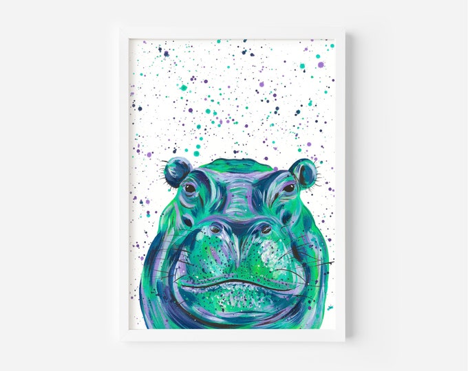 Hippo Painting ‘Ned’, An Original Abstract Acrylic Painting of a Hippo by Emma LC, Jungle Nursery Art, Colourful Animal Art, Safari Decor