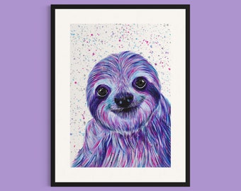 Sloth Art Print ‘Edna’, Sloth Painting, Wildlife Art, Cute Animal Art, Colourful Animal Painting, Happy Animal Print, Nursery Print,