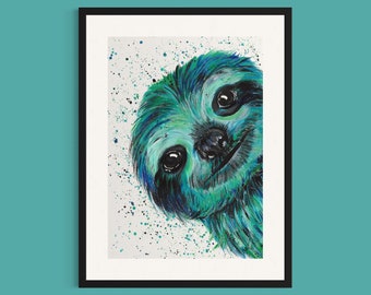 Sloth Art Print ‘Otto’, Animal Wall Art, Sloth Gifts, Green Wall Art, Kids Room, Boys Decor, Peeking Sloth Bear, Unique Wall Art