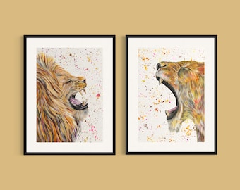 Lion and Lioness Art Prints, Print Set, Wild Animal Decor, Lion Paintings, Safari Prints, Big Cats, Bedroom Prints, Couples Lion Decor