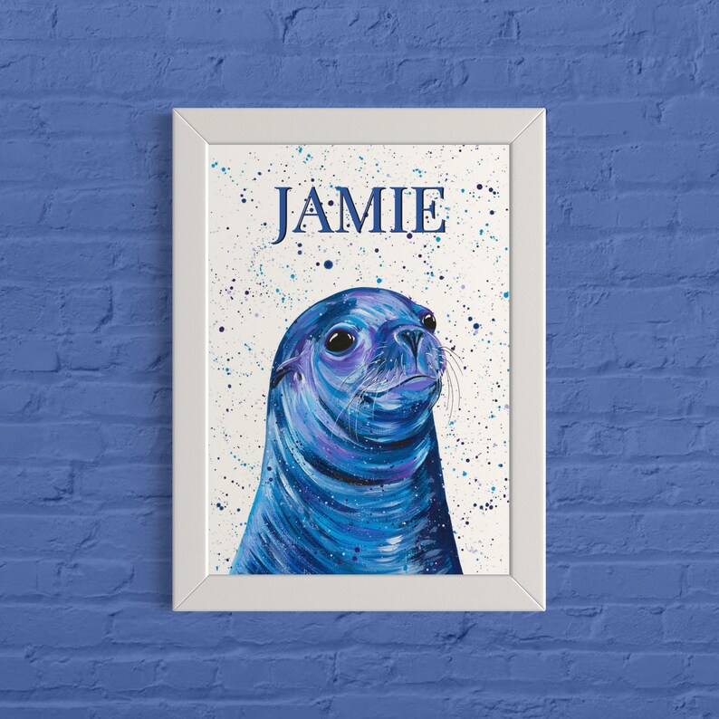 Personalised Sea Lion Art Print, Custom Room Sign, Colourful Animal Art