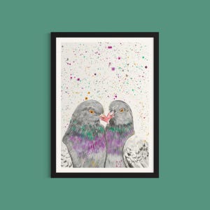 Pigeon Love Art Print, Bird Painting, Pigeon Wall Art, Birds Print, Anniversary Gift, Bedroom Print, Gift for Couples, Colourful Animal Art,