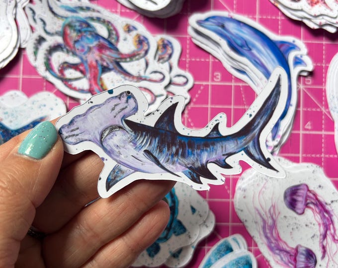 Hammerhead Shark Sticker, Glossy Vinyl Animal Decal, Sea Life, Small Journal Sticker, Wildlife Decal, Scrapbooking, Shark Gifts