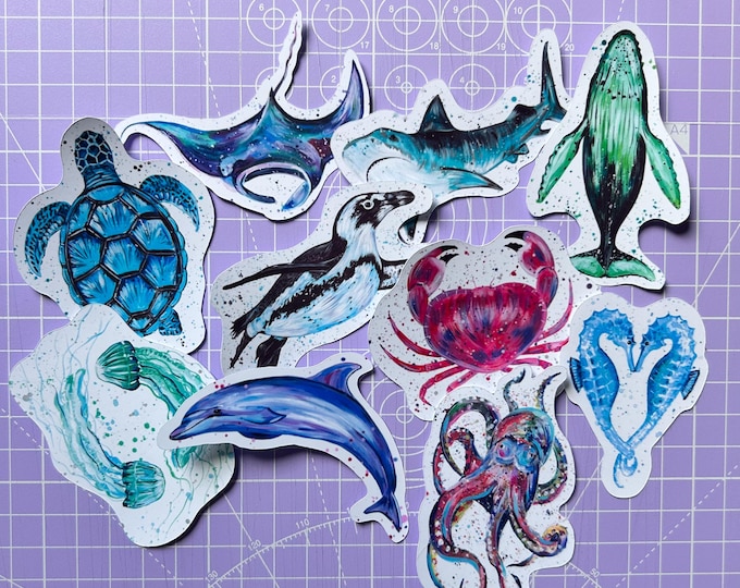 Sea Life Sticker Pack, 10 Designs, Animal Stickers, Marine Life, Decal Pack, Wildlife Artist, Under the Sea, Scrapbooking, Journalling