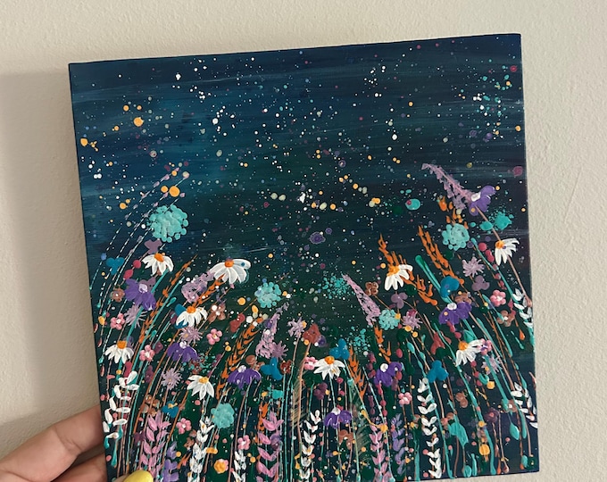 Wildflower Meadow Original Painting: Colourful Floral Art, Botanical Wall Decor, Dark Floral Wall Art