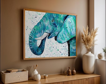 Elephant Art Print: Blue and Green Wildlife Painting