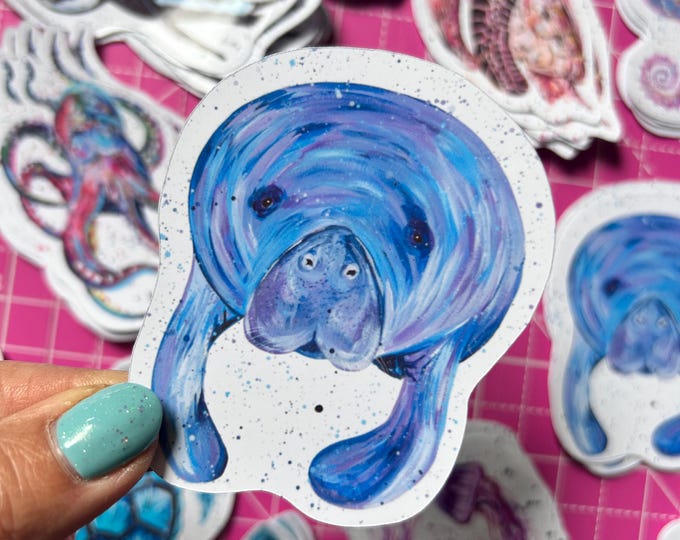 Manatee Sticker, Colourful Animal Decal, Sea Life Gifts, Small Journal Sticker, Wildlife Decal, Under the Sea Mammal, Ocean Life