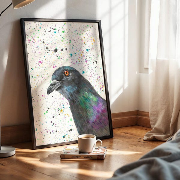 Pigeon Art Print: Colourful Bird Painting, Quirky Wall Decor