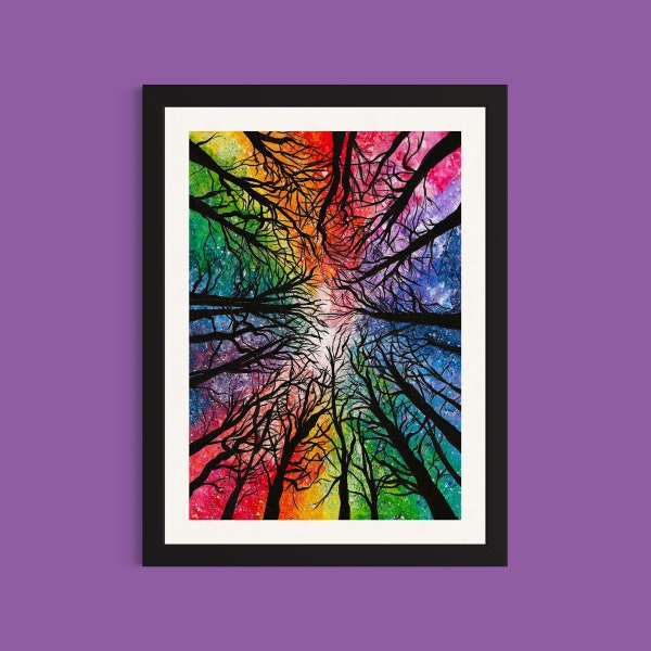 Rainbow Forest Art Print, Colourful Woodland Art, Night Sky, Bright Decor, Sky View Painting, Wall Decor, Colourful Home Decor, Vibrant Art