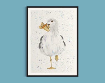 Seagull Eating Chips Art Print, Quirky Coastal Wildlife Decor (Digital Download)