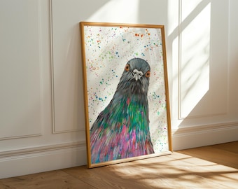 Fat Smoking Pigeon. Quirky Hand Painted Art. British Bird Lovers