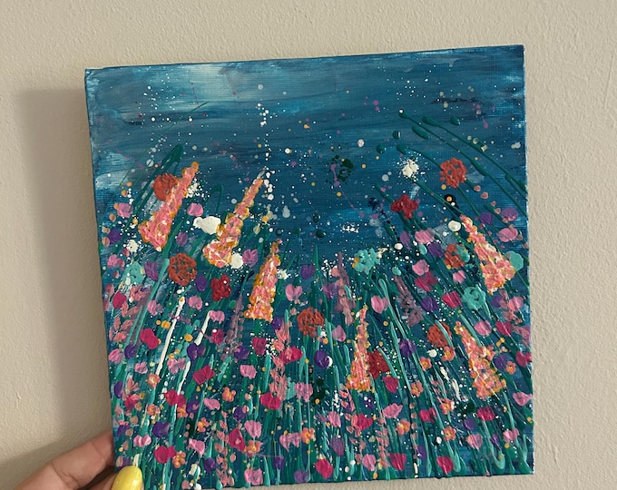 Wildflowers Original Acrylic Painting: Colourful Floral Art, Botanical Wall Decor, Square Canvas Panel Art