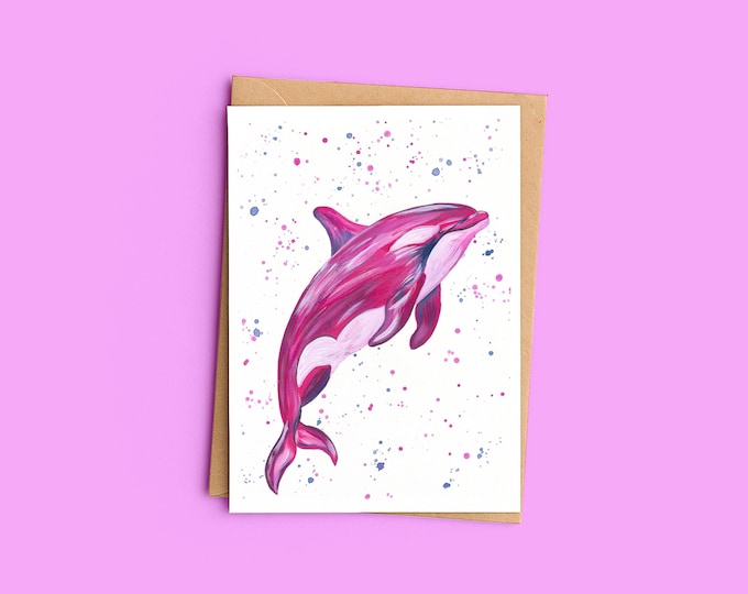Pink Orca Whale Greeting Card: Marine, Sea Life Art - Blank A6 Card