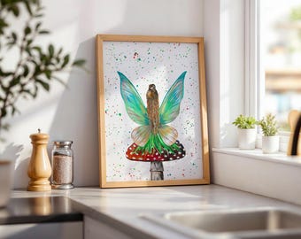 Mushroom Fairy Art Print: Whimsical Forest Fairycore Decor