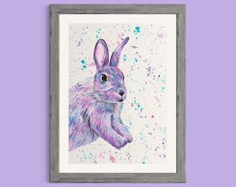 Bunny Art Print ‘Amelia’, Jumping Bunny Painting, Colourful Animal Art, Cute Bunny, Rabbit Picture, Easter Gifts, Nursery Decor, Rabbit Art