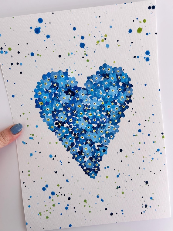 Forget Me Not Heart Original Painting, Blue Wall Art, In Memory of Loved Ones, Home Decor,