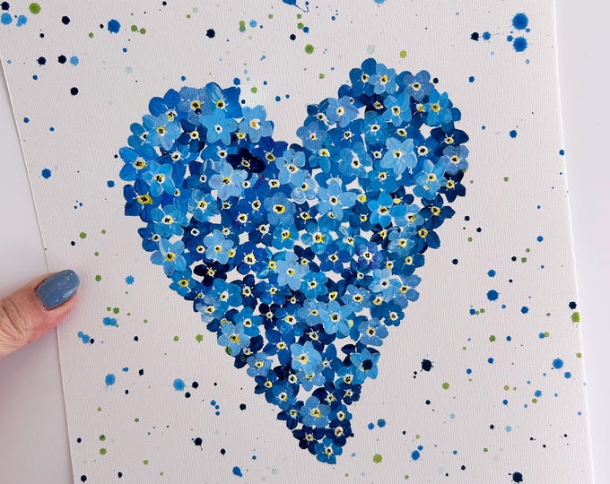 Forget Me Not Heart Original Painting, Blue Wall Art, In Memory of Loved Ones, Home Decor,
