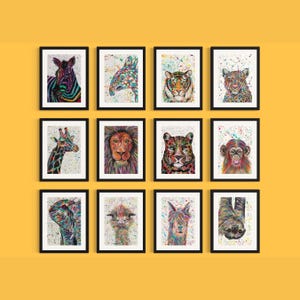 May include: A collection of 12 framed animal illustrations. Each frame features a different animal, including a giraffe, lion, tiger, monkey, sloth, elephant, tapir, llama, alpaca, and zebra. The illustrations are colorful and detailed, with a splatter paint background.
