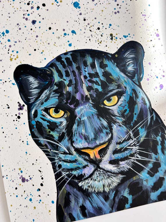 Original Big Cat Jaguar Painting, Colourful Wildlife Art