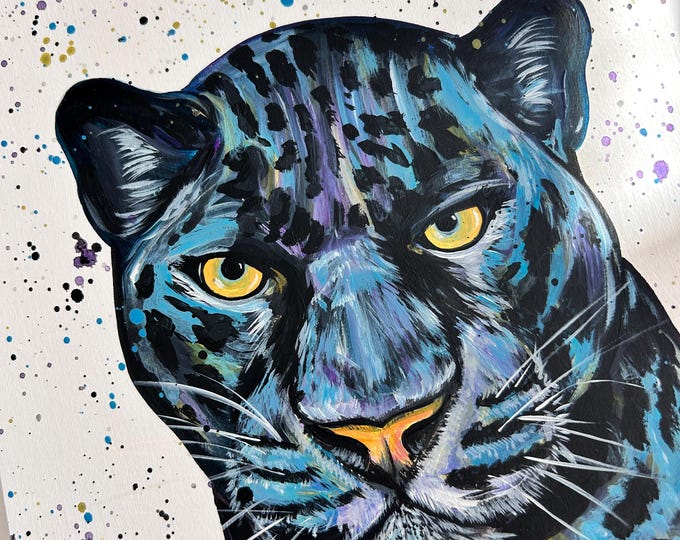 Original Big Cat Jaguar Painting, Colourful Wildlife Art