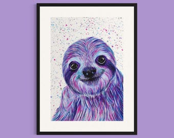 Sloth Art Print: Colorful Wildlife Painting, Nursery Decor