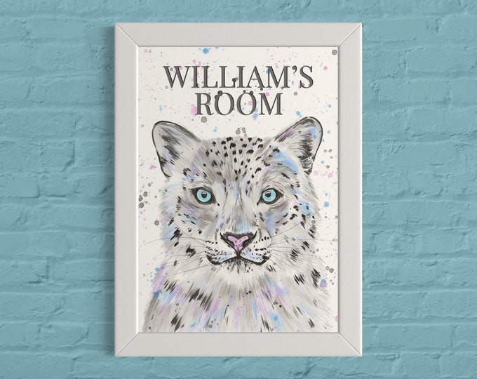 Personalised Snow Leopard Art Print, Custom Room Sign, Contemporary Animal Art, Leopard Gifts, Safari Nursery Decor, Wildlife Art Prints