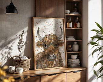 Highland Cow Art Print - Rustic Farmhouse Wall Decor, Boho Cow Illustration