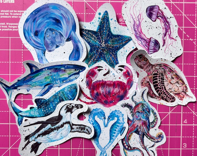 Sea Life Sticker Pack, 10 Designs, Animal Stickers, Marine Life, Decal Pack, Wildlife Artist, Under the Sea, Scrapbooking, Journalling