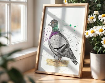 Fat Smoking Pigeon. Quirky Hand Painted Art. British Bird Lovers
