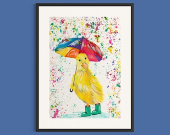 Umbrella Duckling Art Print, Yellow Duck Painting, Duck Gifts, Duck Picture, Farmhouse Decor, Nursery Prints, Bright Rainbow Paintings,